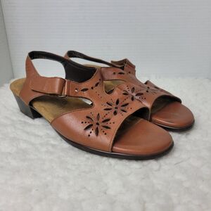 SAS Suntimer Tripad Womens Size 10 Comfort Cognac Leather Floral Sandal Shoes